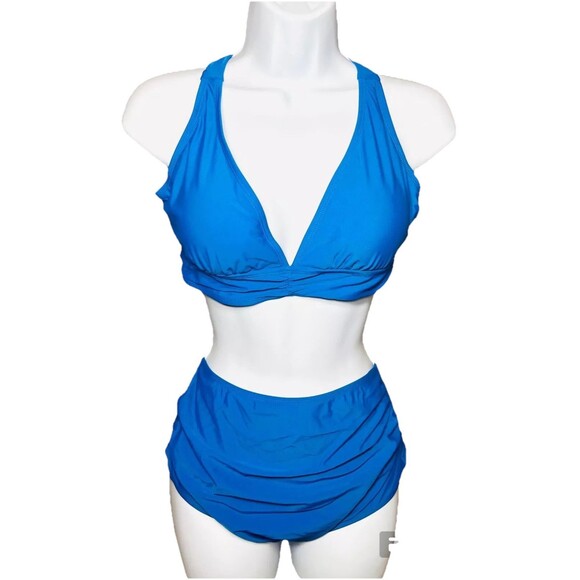 Women's Halter Top Ruched Bikini Blue Two Piece Bathing Suit - Large - Picture 1 of 3